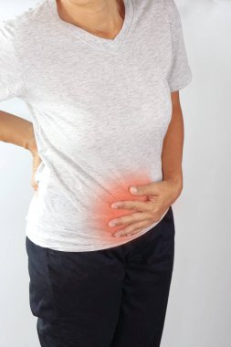 Woman suffering from stomachache. Chronic gastritis, menstruation and health concept.