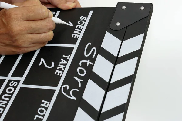 Focus Hand Holding Clapperboard Movie Slate Black Color Marker Pen — Stock Photo, Image