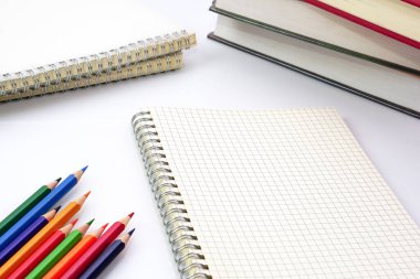 Grafik defterine yerleştirilmiş renkli kalem ya da pastel renkli kalemlerin odak noktası ve beyaz arkaplan üzerine bulanık kitap yığını. Öğrenme, öğrenme ve sunum kavramı.