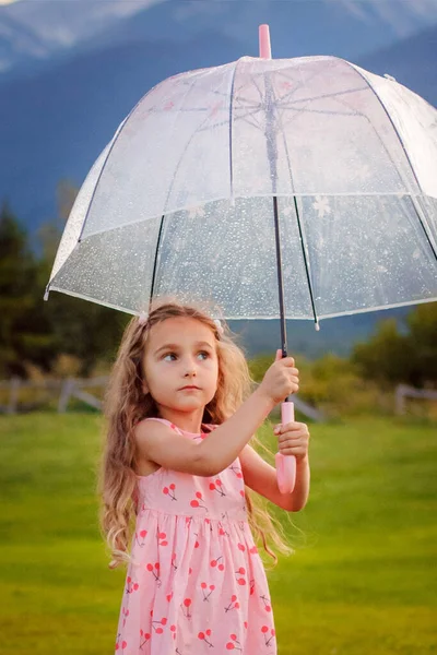 stock image child with umbrella in mountains  children photosession kids model in pink dress little girl little model princess rain