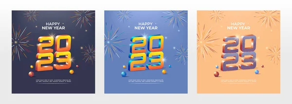 2023 Neujahrsfeier Quadratische Bannervorlage Mit Goldschrift Und Buntem Feuerwerk — Stockvektor