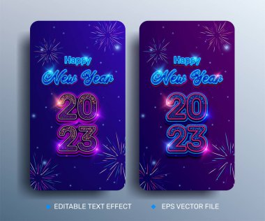 Sosyal medya hikayeleri için mutlu yıllar 2023 afişi, renkli yarım ton parıltı, havai fişekler, yıldızlar ile düzenlenebilir neon metin efekti.