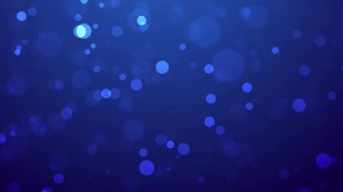 Soyut mavi arkaplanda yüzen parlak parçacıklar, yavaşça uçan bokeh parçacıkları