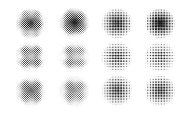 Halftone dots in circle frames, set of round dots pattern geometric backgrounds