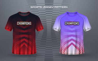 Sports jersey pattern template design with abstract illusion lines. Modern red black and purple silver color combination clipart