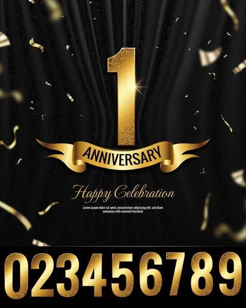 stock vector Elegant 1 Year Anniversary Celebration Banner template with Golden Numbers, ribbon, confetti and sparkling dot halftone glitters