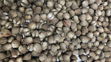 Manzara deniz ürünleri, pazarda satılık midye kabukları.