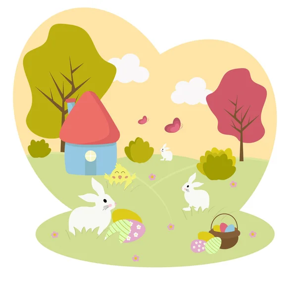 Весенний Сельский Пейзаж Кроликами Лугах Полях Счастливой Пасхи Сельское Сообщество — стоковый вектор