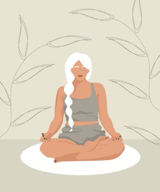 Yoga yapan bir kadın. Kadın, doğa geçmişi ve saçlarıyla meditasyon yapıyor. Düz biçimdeki şirin vektör illüstrasyonu.