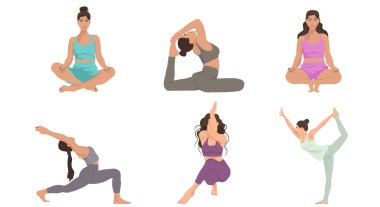 Yoga yapan bir kadın, farklı pozlar veren. Sağlıklı bir yaşam tarzı. Çizim düz biçimli.