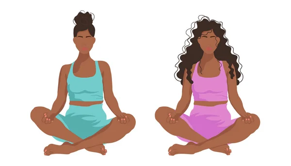 Yoga Class Two Afro American Women Doing Yoga Together Vector — Stock Vector