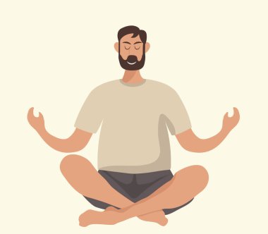 Yoga yapan bir adam. Düz stil vektör çizgi film çizimi. Evde yoga..