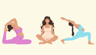 Yoga seti. Doğum öncesi yoga yapan hamile bir kadın. Hamilelik sağlığı konsepti. Yoga, meditasyon, rahatlama ve sağlıklı yaşam tarzı. Vektör düz resimleme
