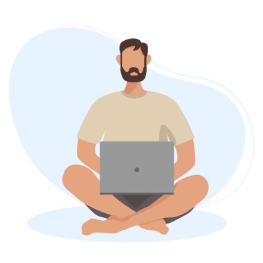 Man sitting with laptop. Freelance, online studying, work from home concept. Vector illustration in flat style.