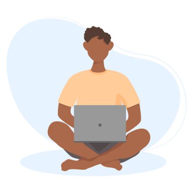 Man sitting with laptop. Freelance, online studying, work from home concept. Vector illustration in flat style.