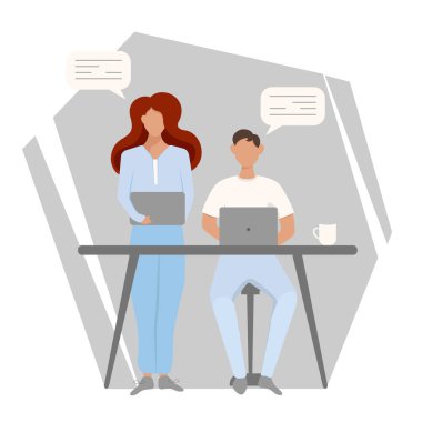 Two people working - Man and woman with laptops. Business people working at office. Vector illustration with people scene.Flat design vector illustration. 