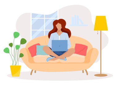 Home office concept, woman working from home sitting on a sofa, student or freelancer.Freelance or studying concept. Cute illustration in flat style.