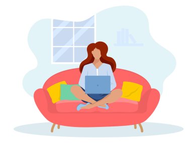 Happy woman sitting on sofa with laptop.Home office concept, woman working from home.Can use for backgrounds, infographics, hero images. Flat style modern vector illustration.