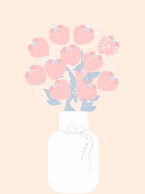 Cute illustration with a bouquet of flowers in a vase. Vector card, print, design.Graphic resource about for graphic,content , banner, sticker label and greeting card.
