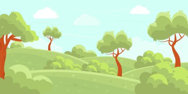 Spring hill wood landscape forest nature grass flower. Vector illustration.