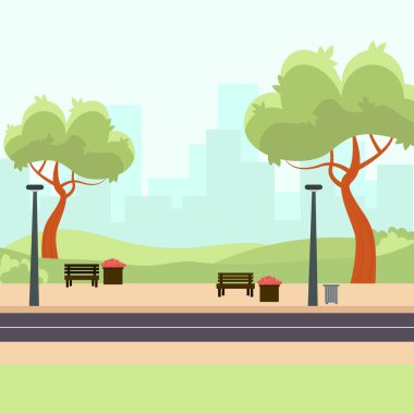 Spring landscape background.Forest landscape with buildings scene.