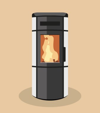 Modern and beautiful stove, pellet or wood, front view for illustration, flat design, vector