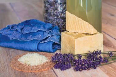 Bottles of homemade laundry on a table, Marseille grated soap, DIY, do it yourself, zero waste, eco friendly, natural product for wash and cleaning