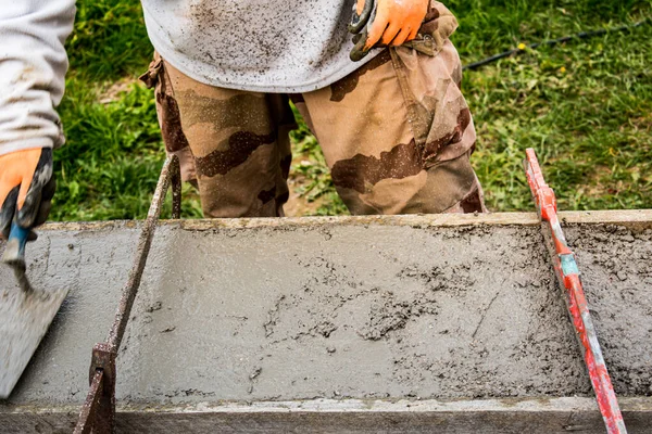 Bricklayer Spreading Concrete Trowel Level Build Wall Construction Site — Stock Photo, Image