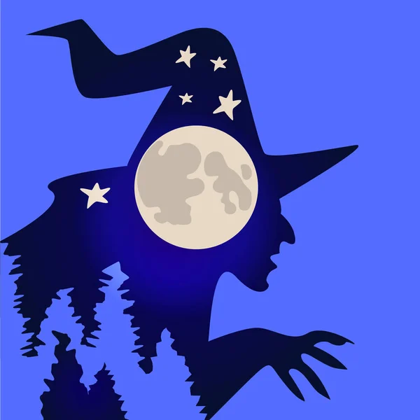 Witch Hat Moon Stars Ans Fir Trees Blue Tons Illustration — Stock Vector
