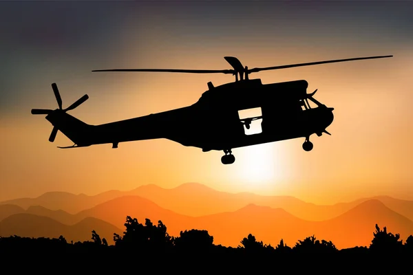 Silhuett Stridshelikopter Vid Solnedgången Sidovy Puma Franska Armén Vektor Ritning — Stock vektor