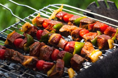 Çiğ et az önce barbekü yaptı, et şişi ve doğranmış sebze.
