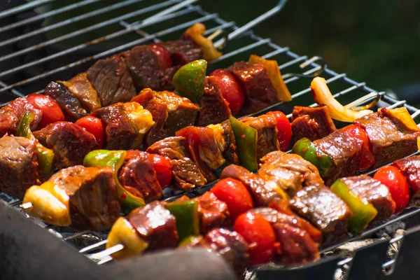 Rohes Fleisch Einfach Auf Den Grill Legen Fleischspieß Mit Gemüsewürfeln — Stockfoto