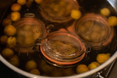 Sterilize edilmiş mirabelle erikleri, kış için ev yapımı meyve şurubu, besinleri korur.