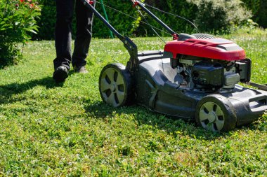 Bahçedeki bir makineyle çimleri biçiyor.