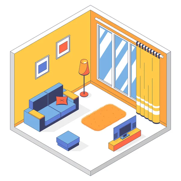 3D客厅 室内设计 家具和家用电器 环境房 矢量线性等距插画 — 图库矢量图片