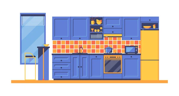 Кухонный Интерьер Мебель Бытовая Техника Посуда Посуда Оборудование Приготовления Пищи — стоковый вектор