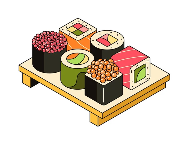 Sushi Pada Papan Makanan Tradisional Asia Menyajikan Hidangan Set Gulungan - Stok Vektor