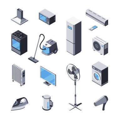 Ev aletlerinin, elektronik aletlerin bir parçası. Isometric 3 boyutlu simgeler. Mutfak sobası, kaput, mikrodalga fırın, buzdolabı, klima, elektrikli süpürge, ısıtıcı, TV, çamaşır makinesi, demir, elektrik seti, vantilatör. Ev için alet seti.
