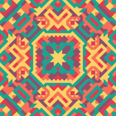 Basit geometrik şekillerin vektörsüz deseni. Kareler, eşkenar dörtgenler ve üçgenlerin sonu gelmeyen süslemeleri. Renkli soyut arka plan, duvar kağıdı. Kaleydoskop efektli resim, kiremitler