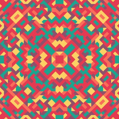 Basit geometrik şekillerin vektörsüz deseni. Kareler, eşkenar dörtgenler ve üçgenlerin sonu gelmeyen süslemeleri. Renkli soyut arka plan, duvar kağıdı. Kaleydoskop efektli resim, kiremitler