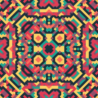 Basit geometrik şekillerin vektörsüz deseni. Kareler, eşkenar dörtgenler ve üçgenlerin sonu gelmeyen süslemeleri. Renkli soyut arka plan, duvar kağıdı. Kaleydoskop efektli resim, kiremitler