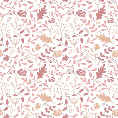 Elle çizilmiş bitkilerin vektörsüz deseni. Çiçekli, dallı, yapraklı soyut bir arka plan. Şirin karalama botanik elementlerinden, duvar kağıdından moda çiçek dokusu. Bir kart için bahar baskısı