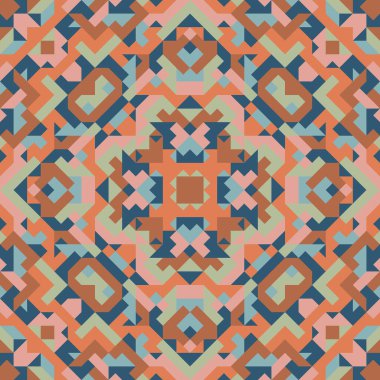 Basit geometrik şekillerin vektörsüz deseni. Kareler, eşkenar dörtgenler ve üçgenlerin sonu gelmeyen süslemeleri. Renkli soyut arka plan, duvar kağıdı. Kaleydoskop efektli resim, kiremitler