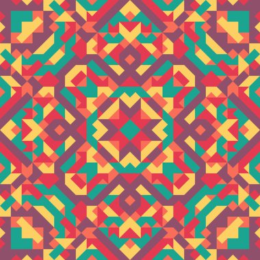 Basit geometrik şekillerin vektörsüz deseni. Kareler, eşkenar dörtgenler ve üçgenlerin sonu gelmeyen süslemeleri. Renkli soyut arka plan, duvar kağıdı. Kaleydoskop efektli resim, kiremitler