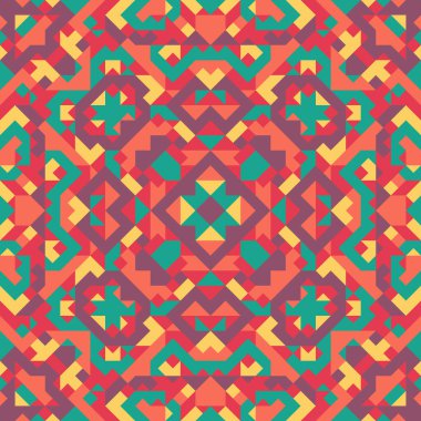 Basit geometrik şekillerin vektörsüz deseni. Kareler, eşkenar dörtgenler ve üçgenlerin sonu gelmeyen süslemeleri. Renkli soyut arka plan, duvar kağıdı. Kaleydoskop efektli resim, kiremitler