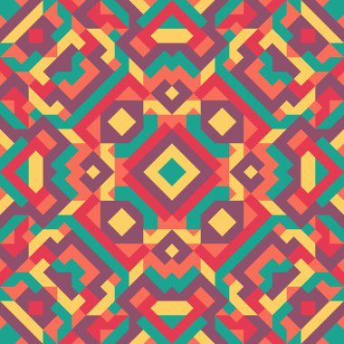 Basit geometrik şekillerin vektörsüz deseni. Kareler, eşkenar dörtgenler ve üçgenlerin sonu gelmeyen süslemeleri. Renkli soyut arka plan, duvar kağıdı. Kaleydoskop efektli resim, kiremitler