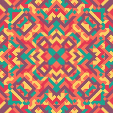 Basit geometrik şekillerin vektörsüz deseni. Kareler, eşkenar dörtgenler ve üçgenlerin sonu gelmeyen süslemeleri. Renkli soyut arka plan, duvar kağıdı. Kaleydoskop efektli resim, kiremitler