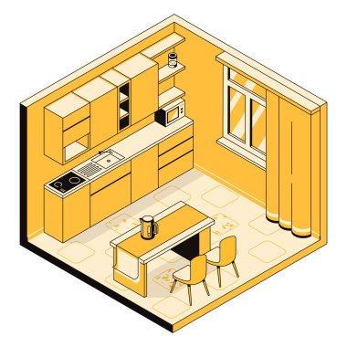 3D mutfak iç mimari konsepti, mobilyalar ve aletler. Yemek pişirme alanı. Oda, mobilya mağazası için şablon, tasarım stüdyosu, mimarlık işi. Vektör doğrusal izometrik illüstrasyon