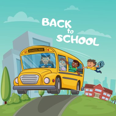 Komik bir illüstrasyon. Okula dönüş. Okul otobüsüne binen çocuklar. vektör illüstrasyonu