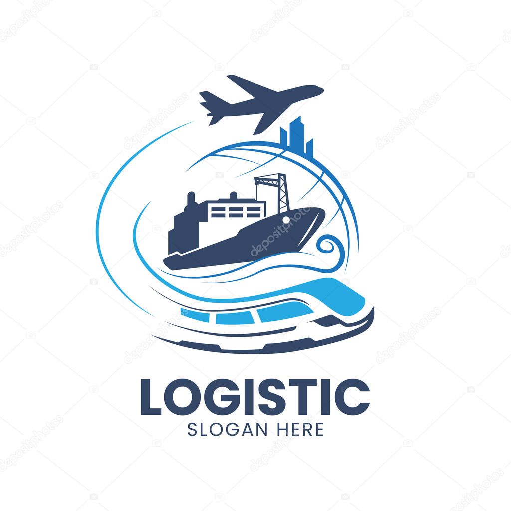 Vector logo design representing global logistics with icons of air, sea, and rail transportation. Ideal for logistics businesses.